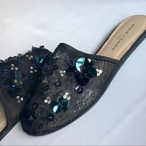Rock & Candy by Zigi FANCY BLACK SEXY EMBELLISHED SEQUINS FLAT SLIPPERS Sz 8. - Picture 4 of 8